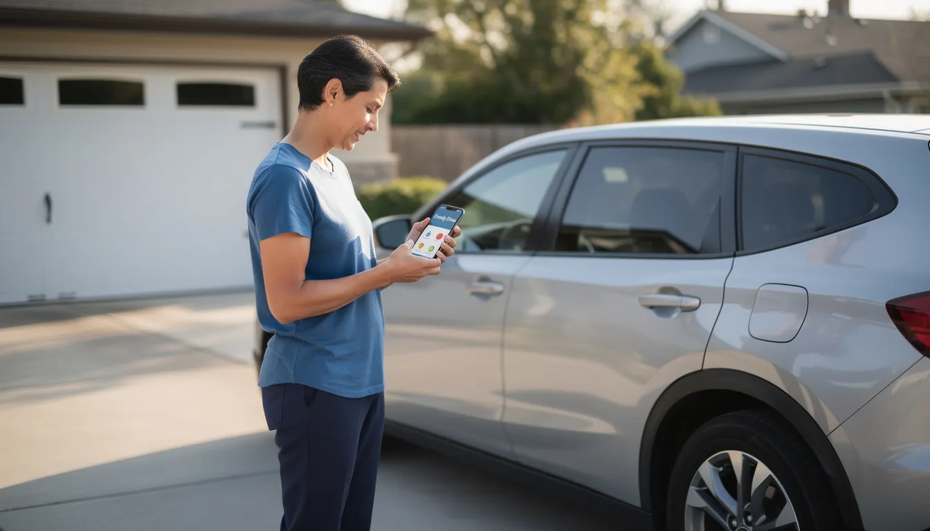 A parent stands near a parked car in the driveway, looking at a smartphone app that provides real-time updates on their teen's driving habits and location. This GPS vehicle tracker offers peace of mind by allowing them to monitor driving behavior, including rapid acceleration and hard braking, ensuring safe driving for their teenage driver.