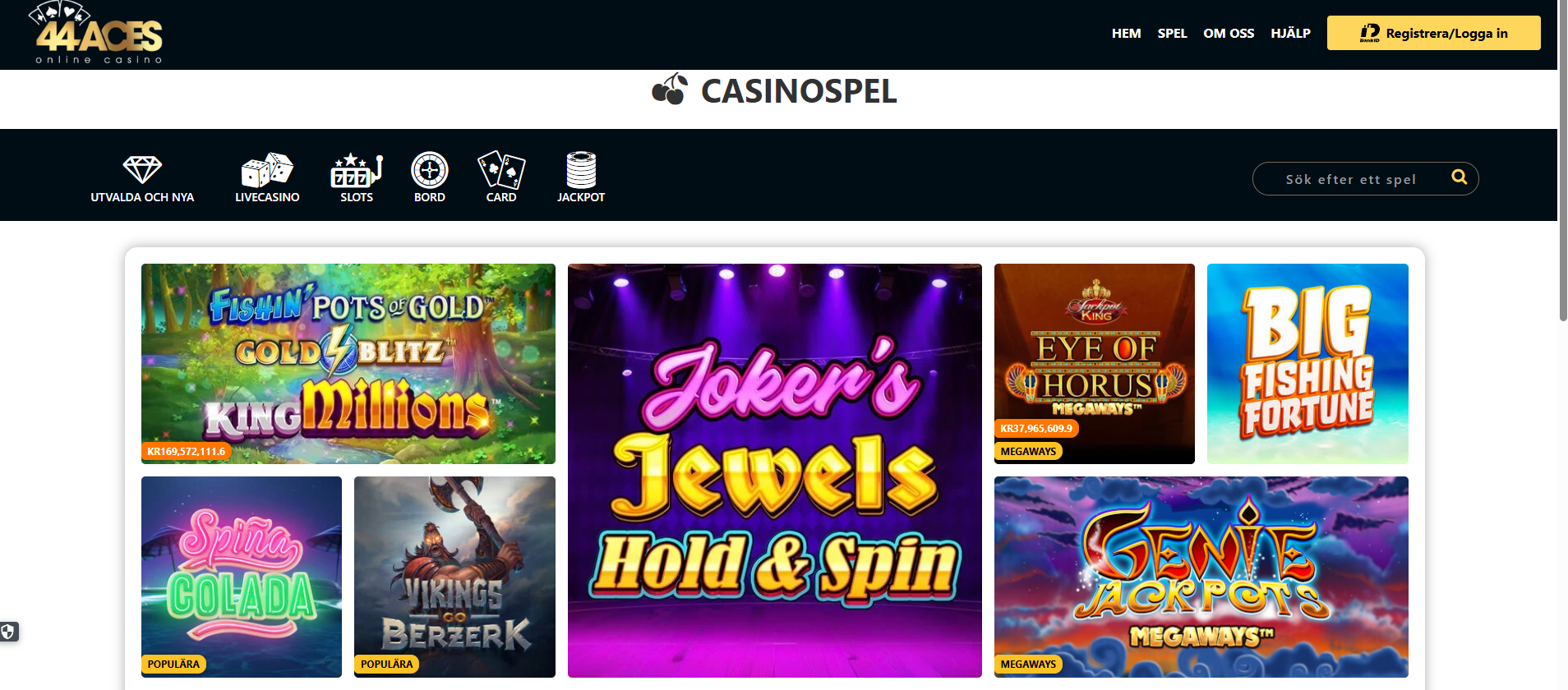44Aces casinospel med populära slots, jackpottar och andra spel.