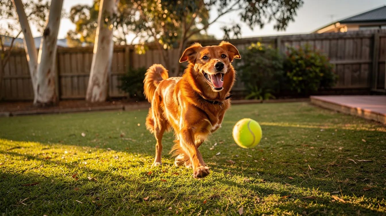 A happy, healthy dog with a shiny coat is joyfully playing in an Australian backyard, showcasing its vibrant energy and well-being. This scene highlights the importance of balanced nutrition and quality dog food for maintaining the dog's health and coat condition.