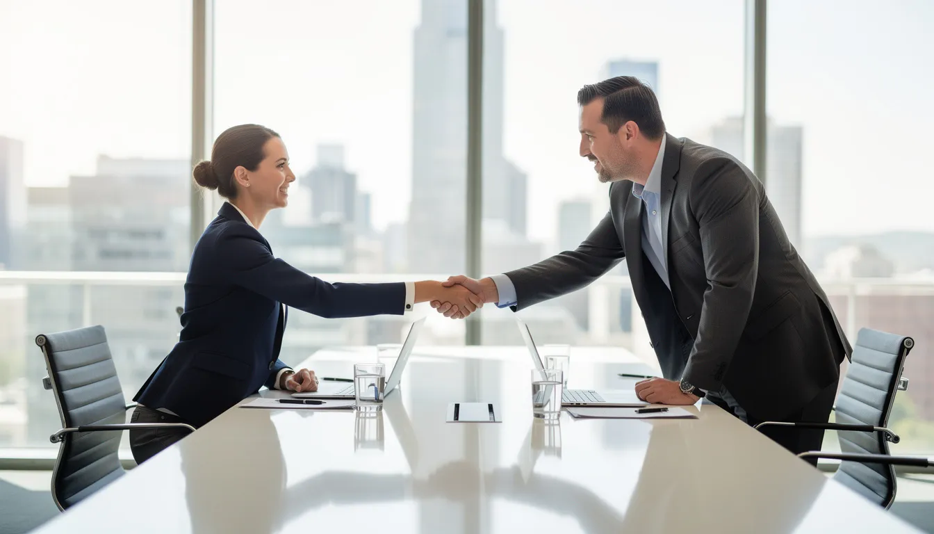 The image depicts two individuals shaking hands across a conference table, symbolizing a professional agreement, possibly related to a medical malpractice lawsuit or a medical malpractice claim. The setting suggests a discussion about legal matters, emphasizing the importance of collaboration in addressing medical negligence and patient injury.
