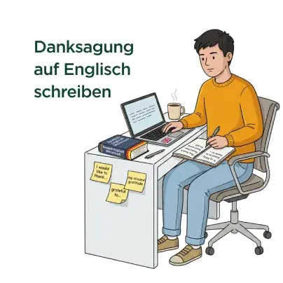 Mann schreibt eine Danksagung auf Englisch am Schreibtisch