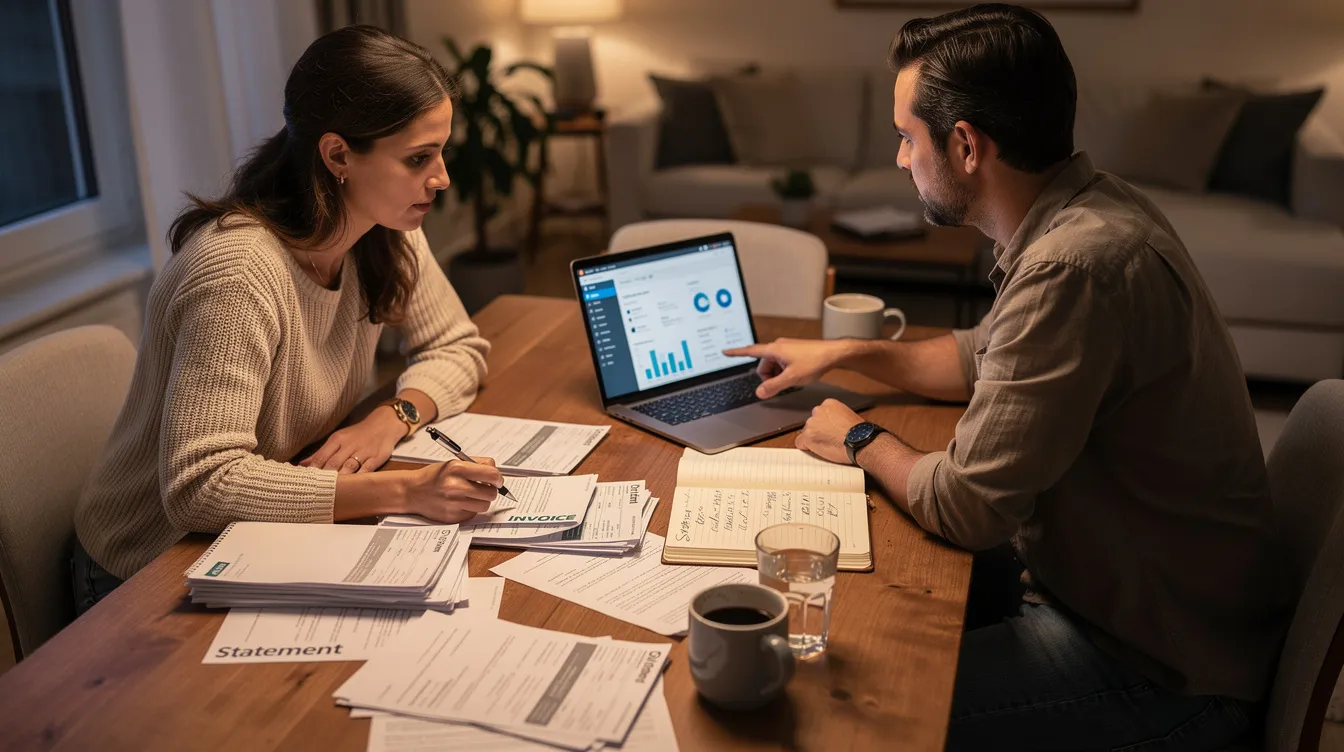 The image shows a couple sitting at a dining table, closely reviewing financial documents related to their existing mortgage and potential refinancing options. They appear focused on understanding their monthly payments, interest rates, and the costs involved in refinancing to achieve lower monthly payments and save money.
