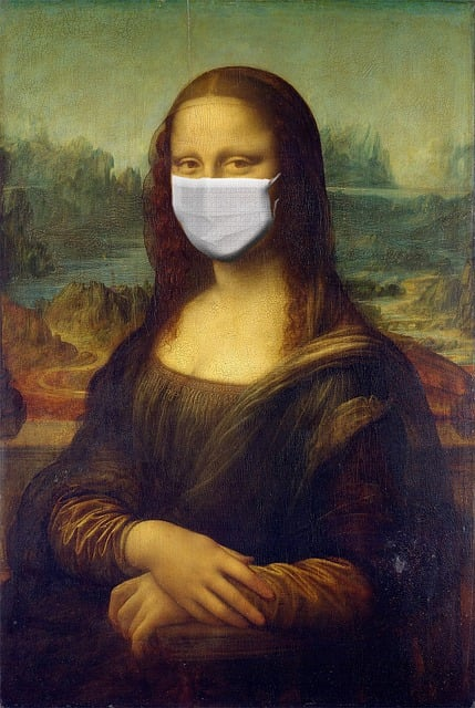An image of the Mona Lisa painting wearing a white mask over her nose and mouth. 