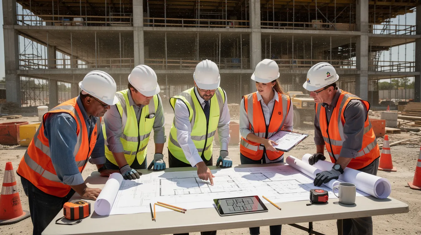 Construction professionals reviewing blueprints and project costs at a commercial job site to improve construction job costing and profitability.