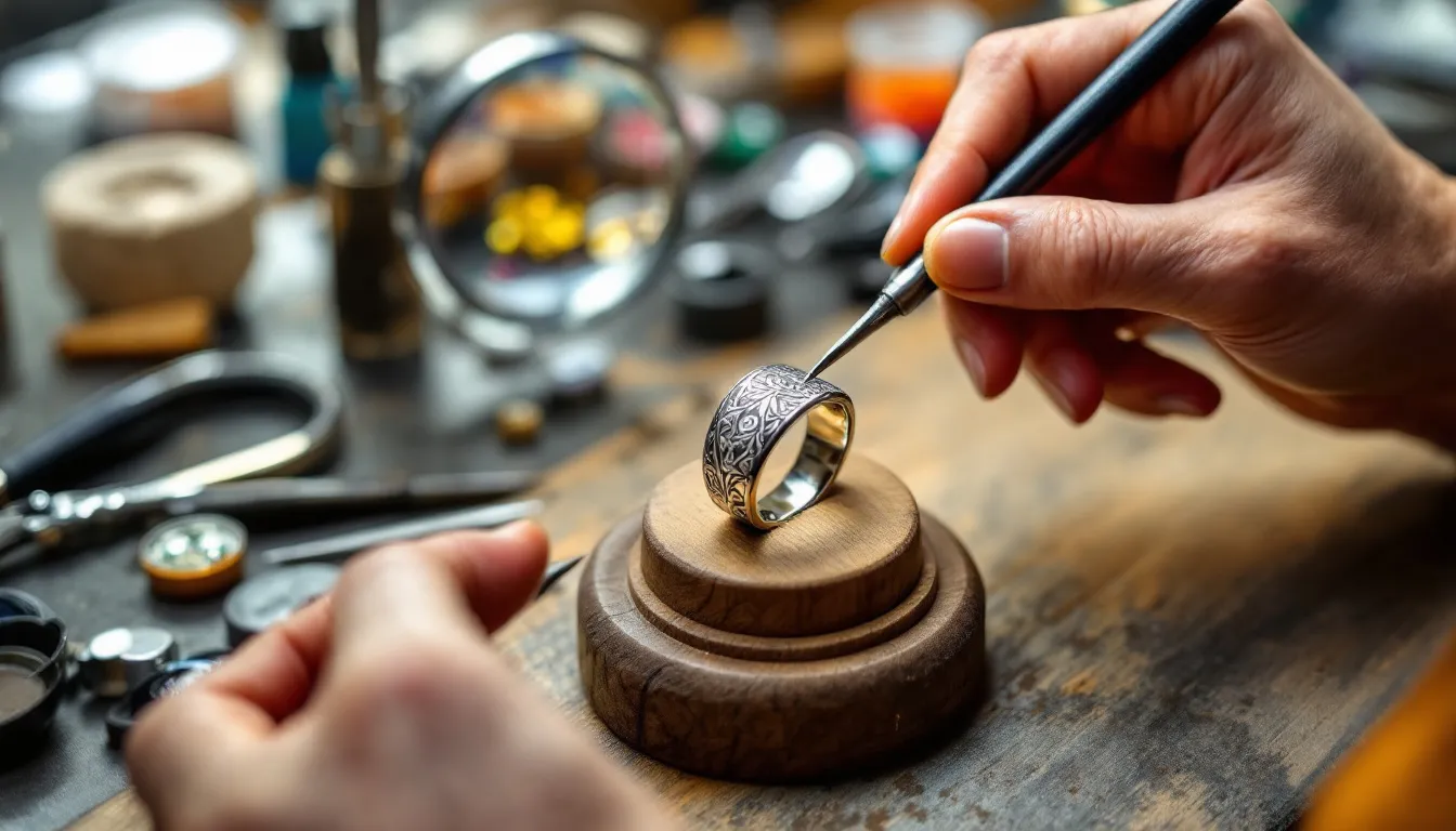 In this image, a designer is shown engaged in the custom jewelry design process, surrounded by sketches and high-quality materials like gold and silver. Various personalized jewelry pieces, including earrings, necklaces, and bracelets, are displayed, showcasing unique styles and detailing, perfect for any occasion or as a thoughtful gift.