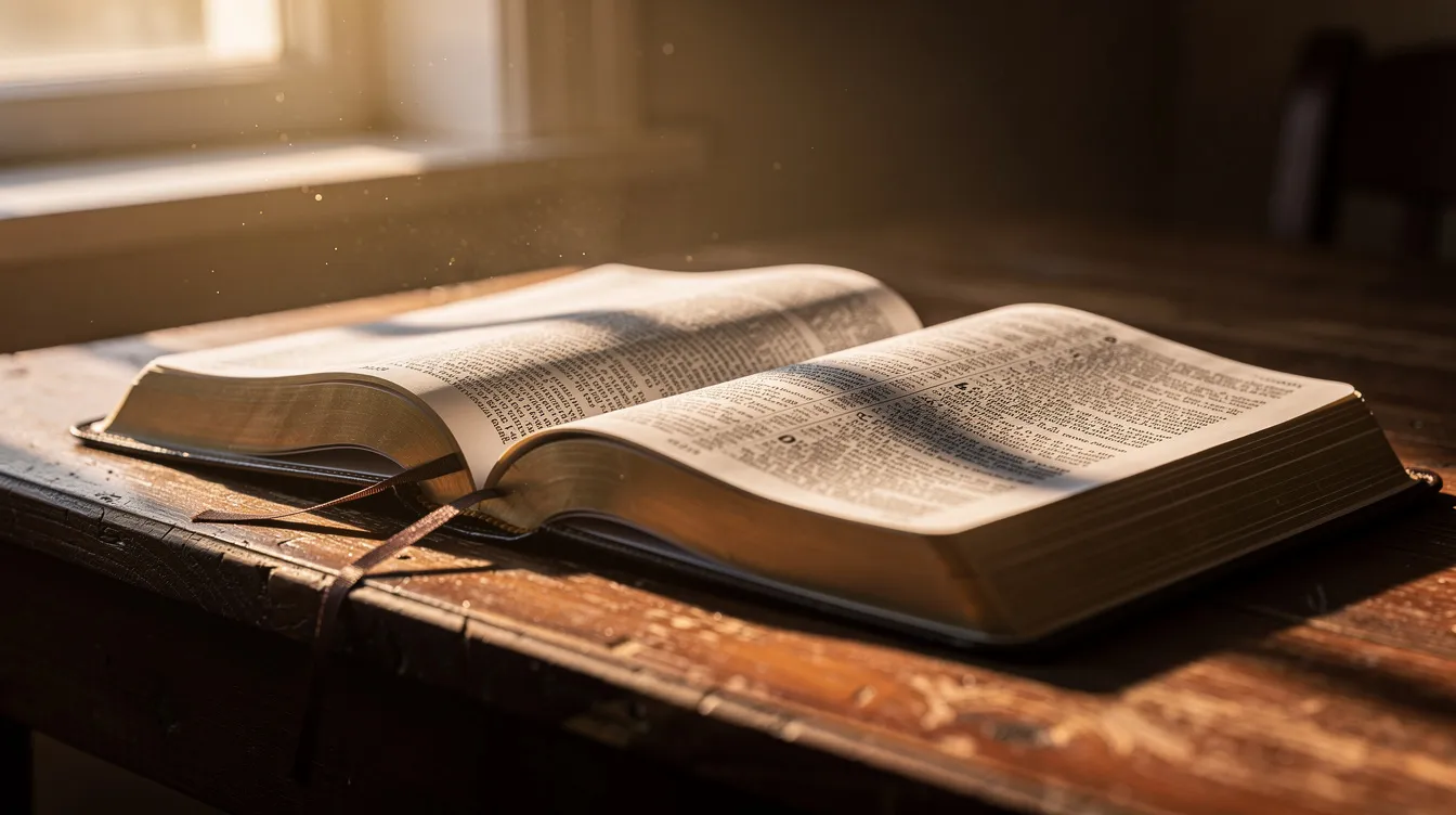 An open Bible rests on a wooden desk, illuminated by warm morning light streaming through a nearby window, inviting reflection on God's word and the biblical truths it contains. This serene setting encourages contemplation of one's faith, human responsibility, and the ultimate relationship with God, as believers wrestle with the tensions of life and salvation.