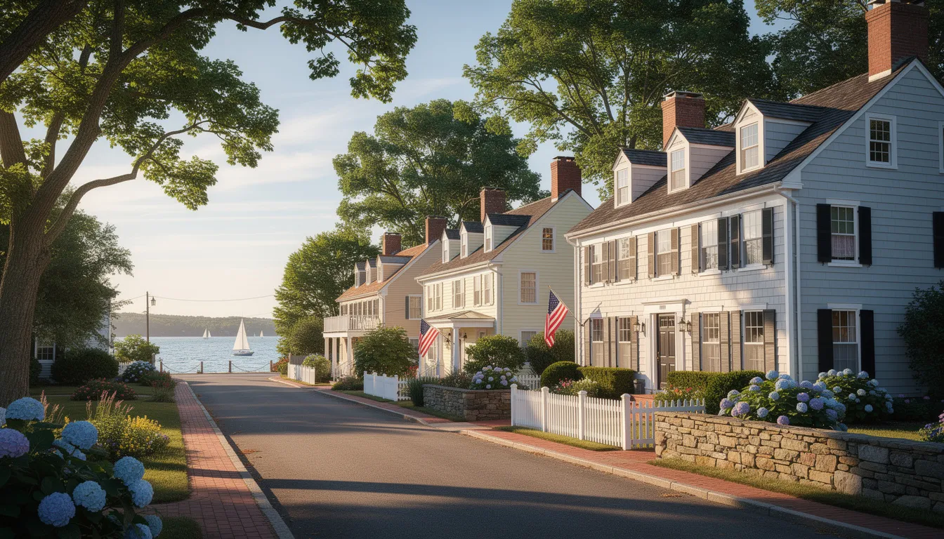 The image depicts charming New England colonial homes lining a tree-shaded street along the Connecticut shoreline, showcasing the attractive architecture that characterizes this desirable neighborhood. This picturesque setting reflects the strong buyer demand in the Connecticut housing market, where homes often sell faster due to competitive asking prices and multiple offers.