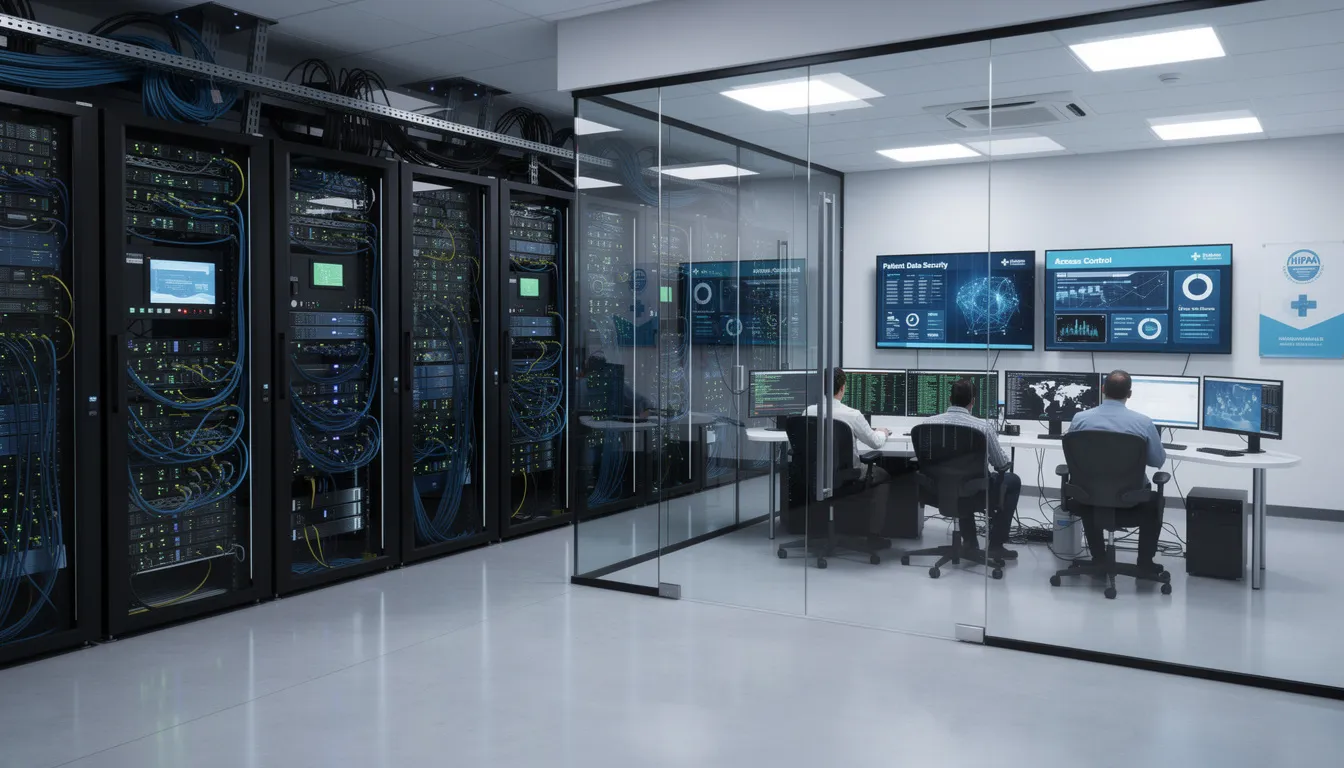 The image depicts a secure healthcare data center filled with rows of servers, equipped with advanced security monitoring systems to protect sensitive health information. This facility ensures HIPAA compliance and safeguards individually identifiable health information, emphasizing the importance of workplace safety and risk management in the healthcare system.