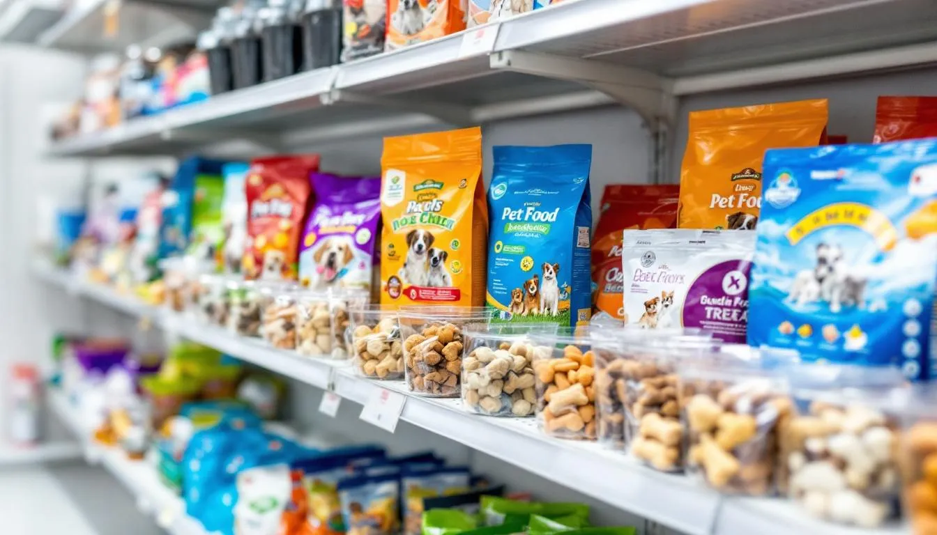 In the image, various bags of commercial dog food and treats are neatly arranged on a pet store shelf, showcasing a range of options for pet owners. Among these, there are likely healthy treats that may include ingredients like sweet potatoes, which can be beneficial for dogs