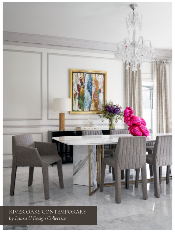 River Oaks dining room with Jeff Koons centerpiece. Contemporary glam, by Laura U Design Collective.