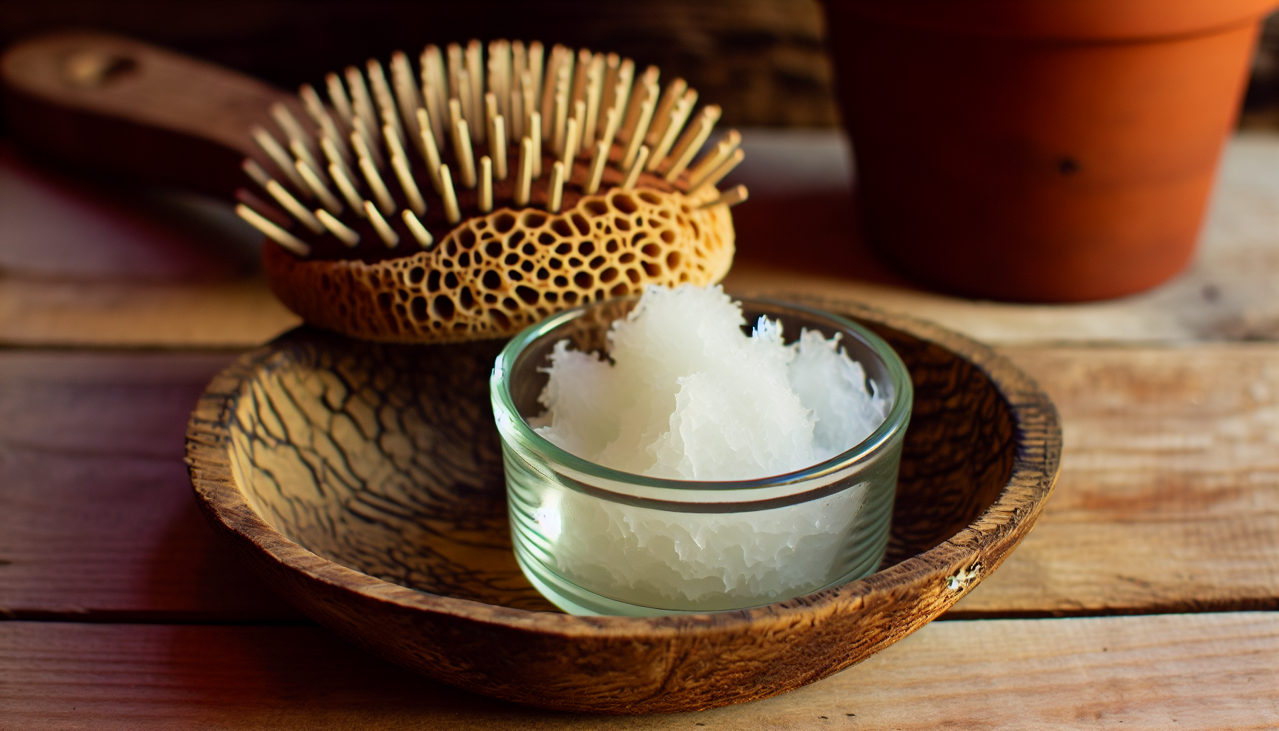 A bowl of organic coconut oil with a natural sponge and a hairbrush