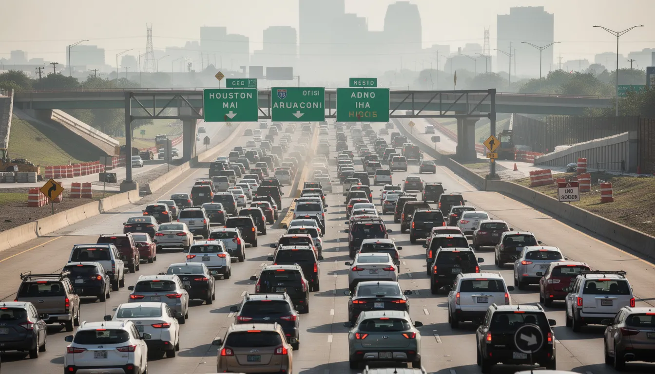 The image depicts heavy traffic on a Houston highway, with construction barriers visible in the distance, highlighting a potential accident scene involving delivery trucks. Such congested conditions can lead to serious truck accidents, emphasizing the need for experienced truck accident attorneys to assist victims with their claims.