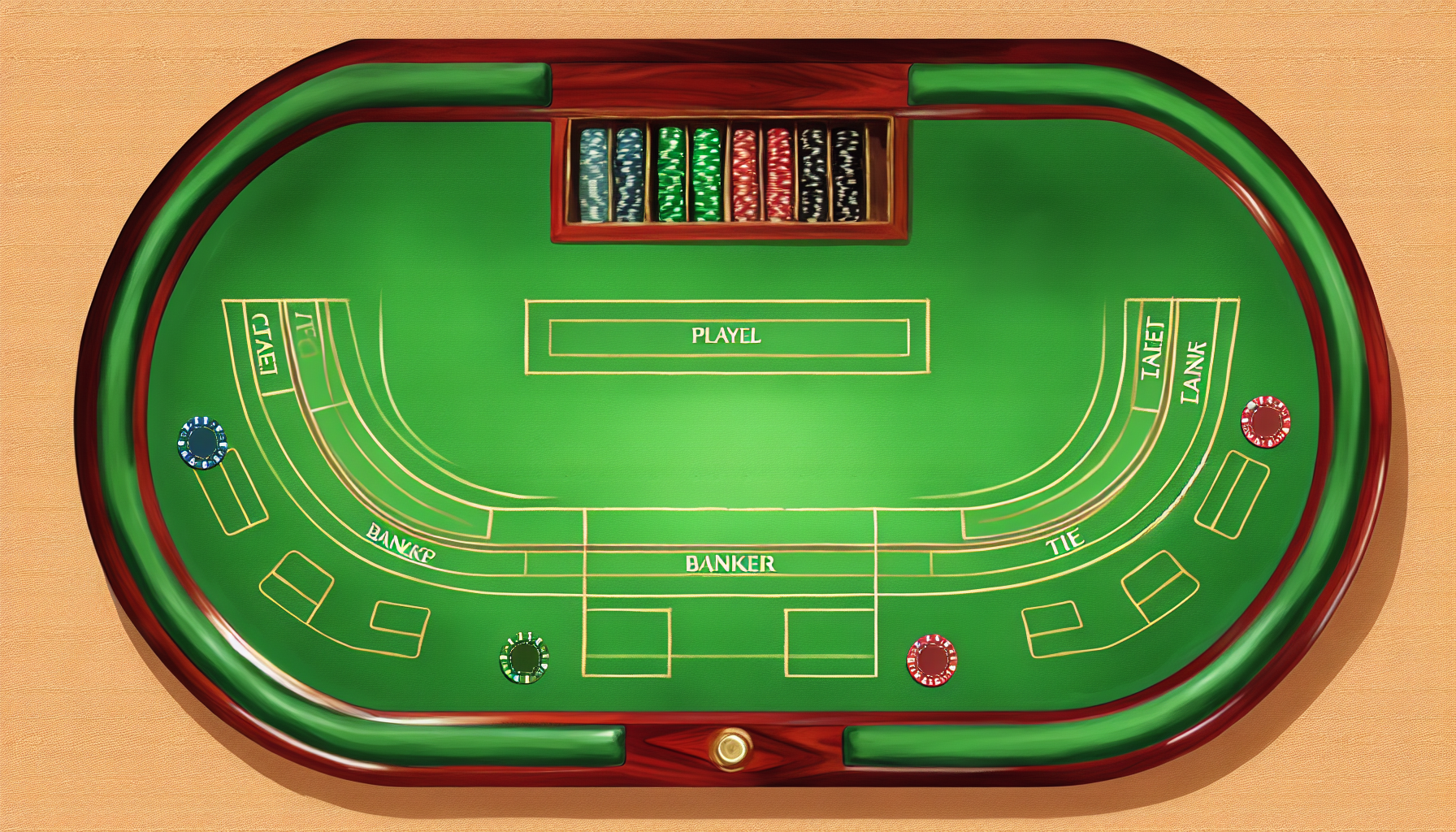Baccarat table layout with designated betting areas for Player, Banker, and Tie