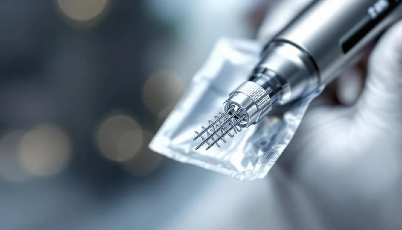 Eine Nahaufnahme eines modernen Dermapen Geräts, das mit einer sterilen Nadelkartusche ausgestattet ist. Dieses Mikro-Needling-Werkzeug wird zur Hautstraffung und Behandlung von Narben eingesetzt und fördert die Neubildung von Kollagen durch Mikroverletzungen in den Hautschichten.