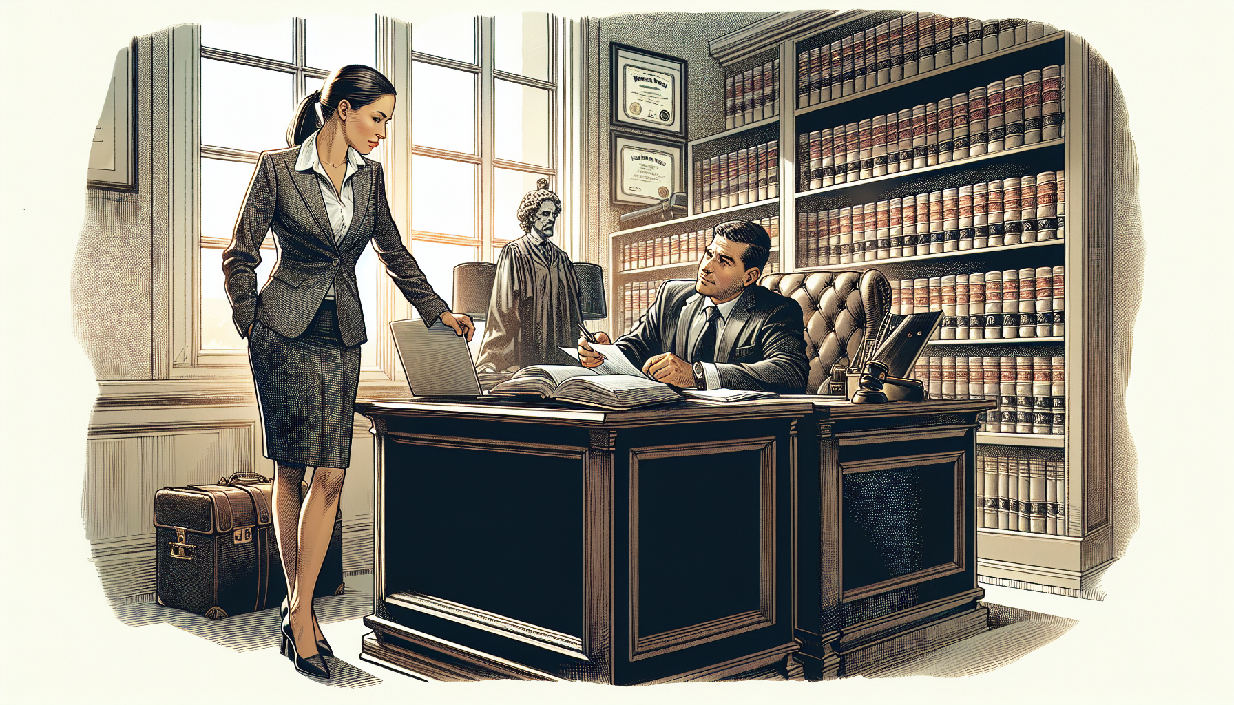 A depiction of a professional Houston personal injury lawyer consulting with a client.