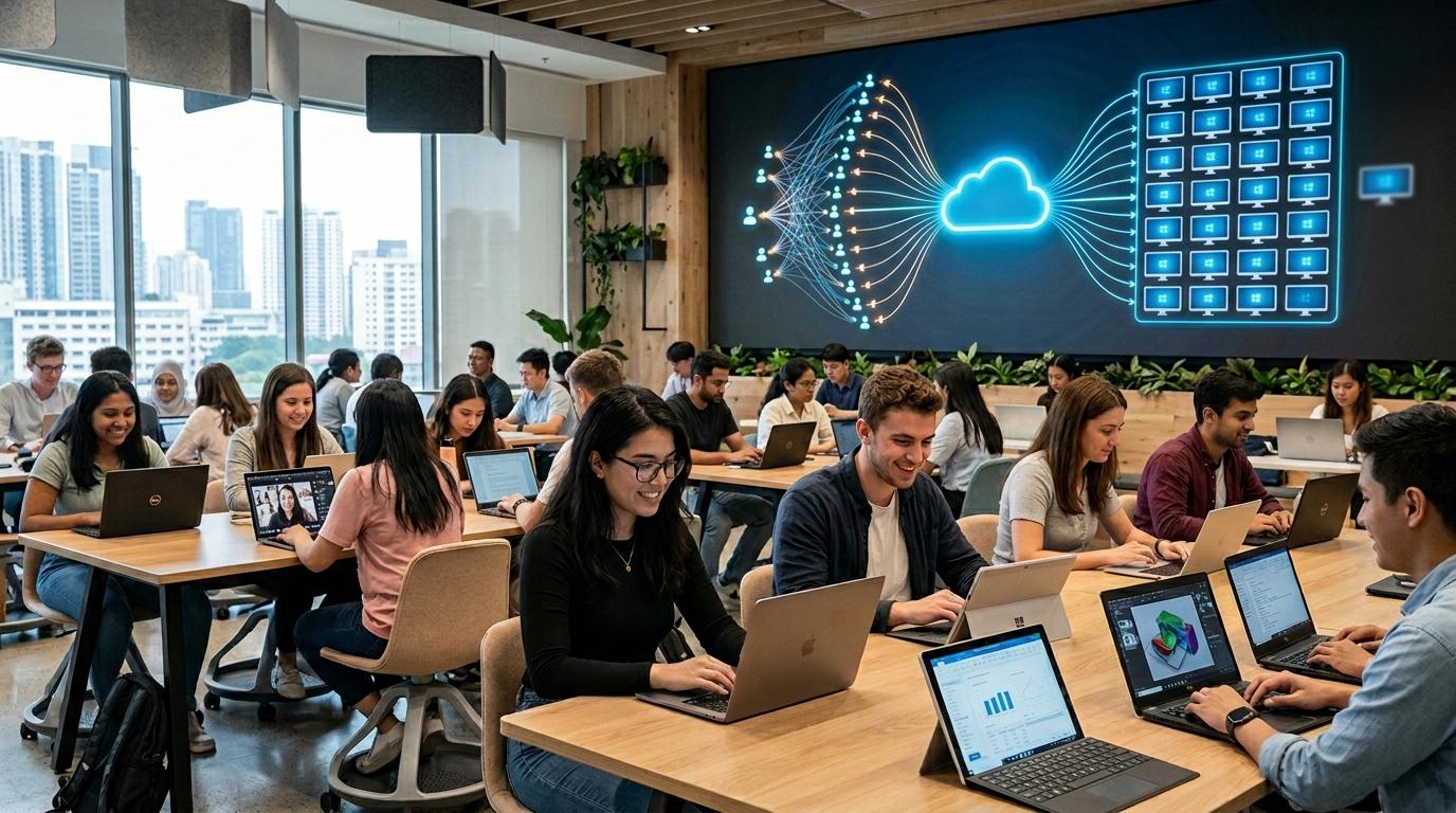 Photorealistic scene of cloud-hosted virtual desktops scaling effortlessly as remote learners join from laptops and tablets.