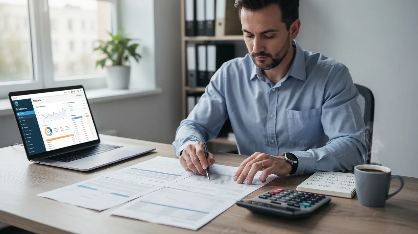 5b88a0c7 5c56 4f40 8bf9 645a772408d4 A small business owner is seated at a desk, intently reviewing financial documents alongside a calculator and a laptop. The scene reflects the meticulous planning required for a mudra loan application, highlighting the importance of business viability and repayment capacity for small business owners.
