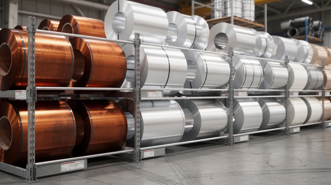 The image shows rows of coiled sheet metal in various alloys, including copper, stainless steel, and aluminum, neatly stored on an industrial rack. This setup highlights the importance of different materials in the manufacturing process, particularly for stamping techniques used in industries like automotive.