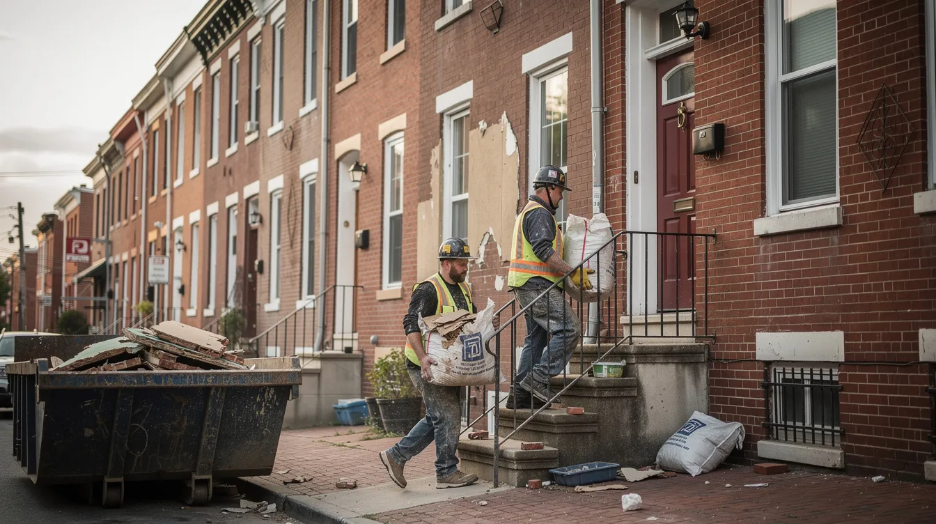 Two workers carrying heavy construction debris down the narrow front steps of a Philadelphia brick rowhome