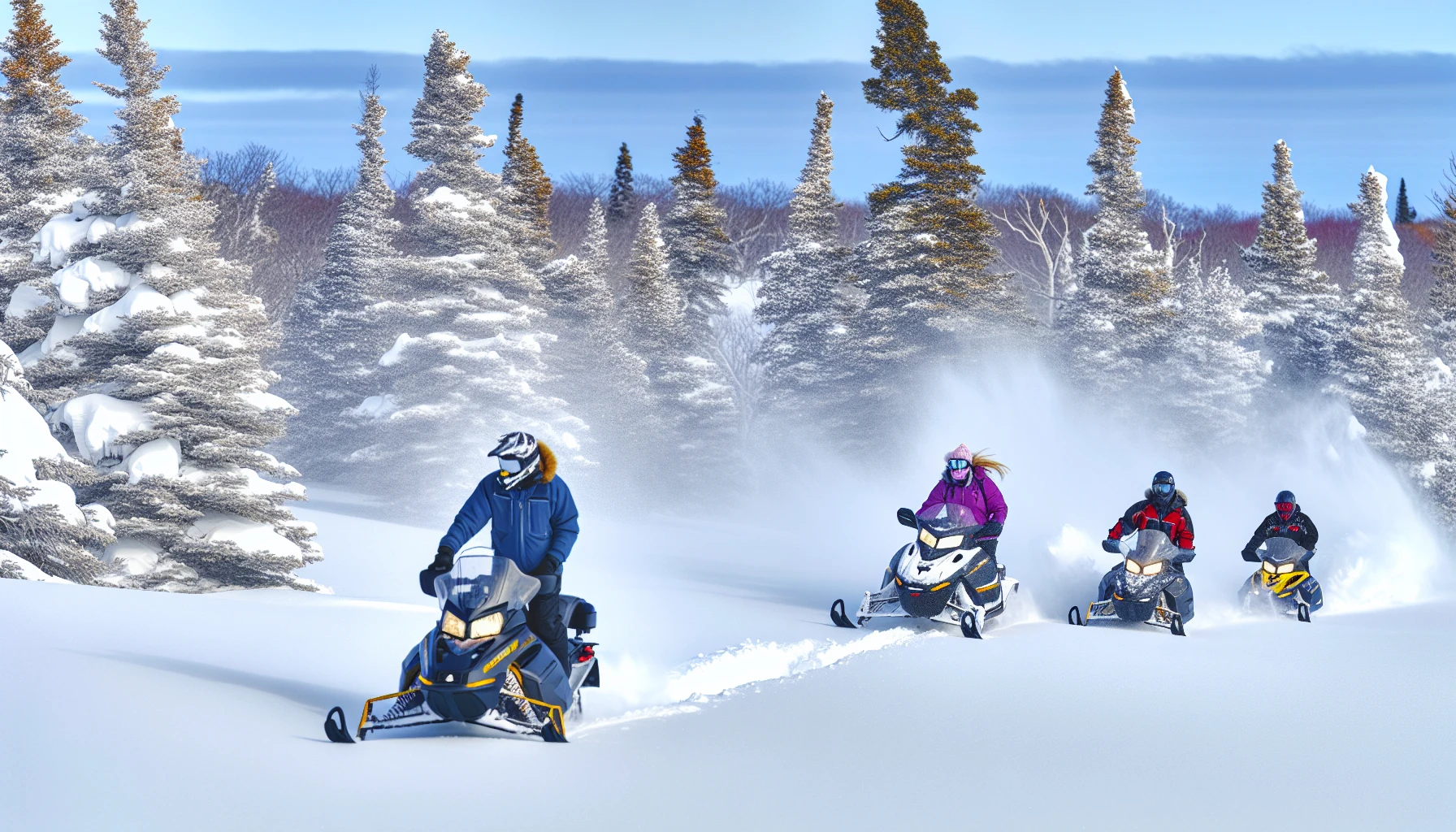 Snowmobilers on a trail in the Upper Peninsula