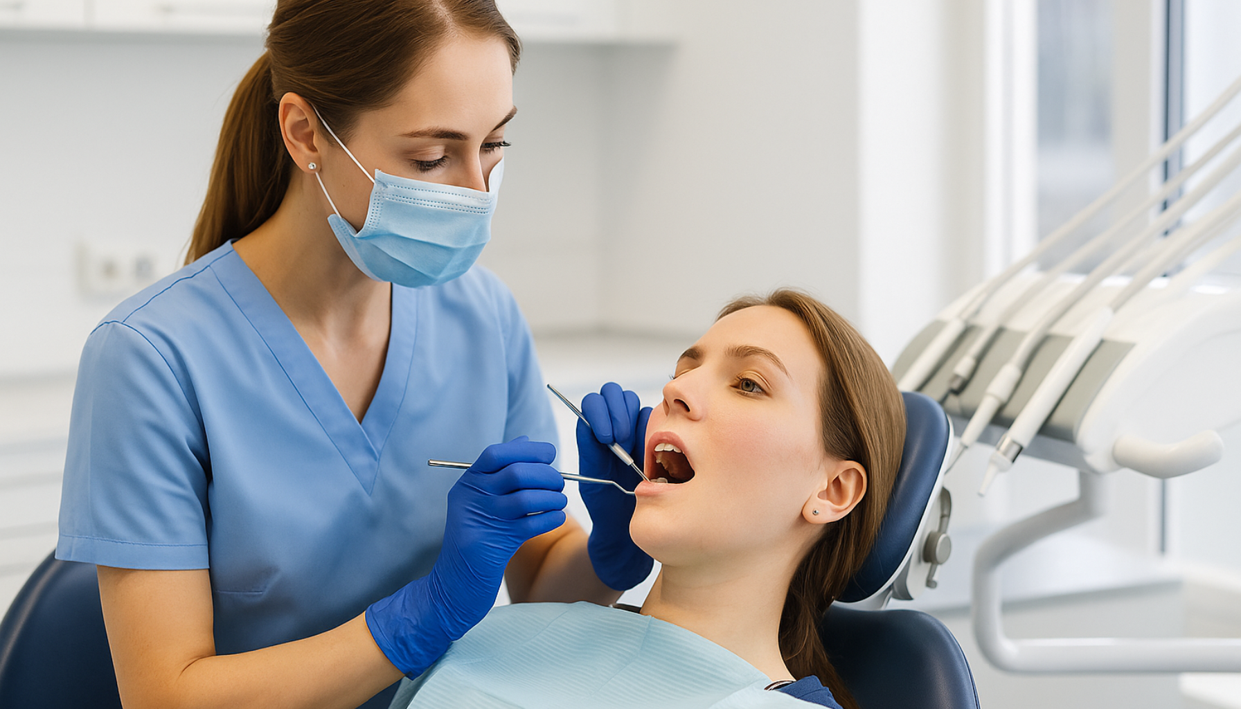 Tannlege undersøker tannkjøttet rundt en visdomstann som kan gi smerter og betennelse.