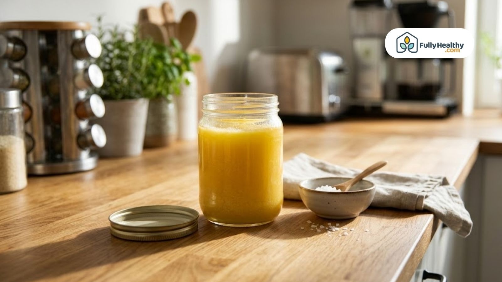 Glass jar of ghee on a kitchen counter at room temperature with lid beside it.