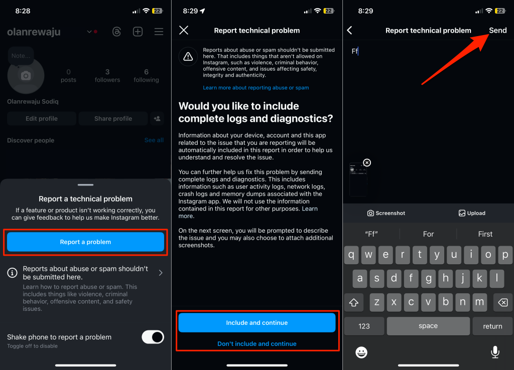 Steps to report technical problem to Instagram Support team