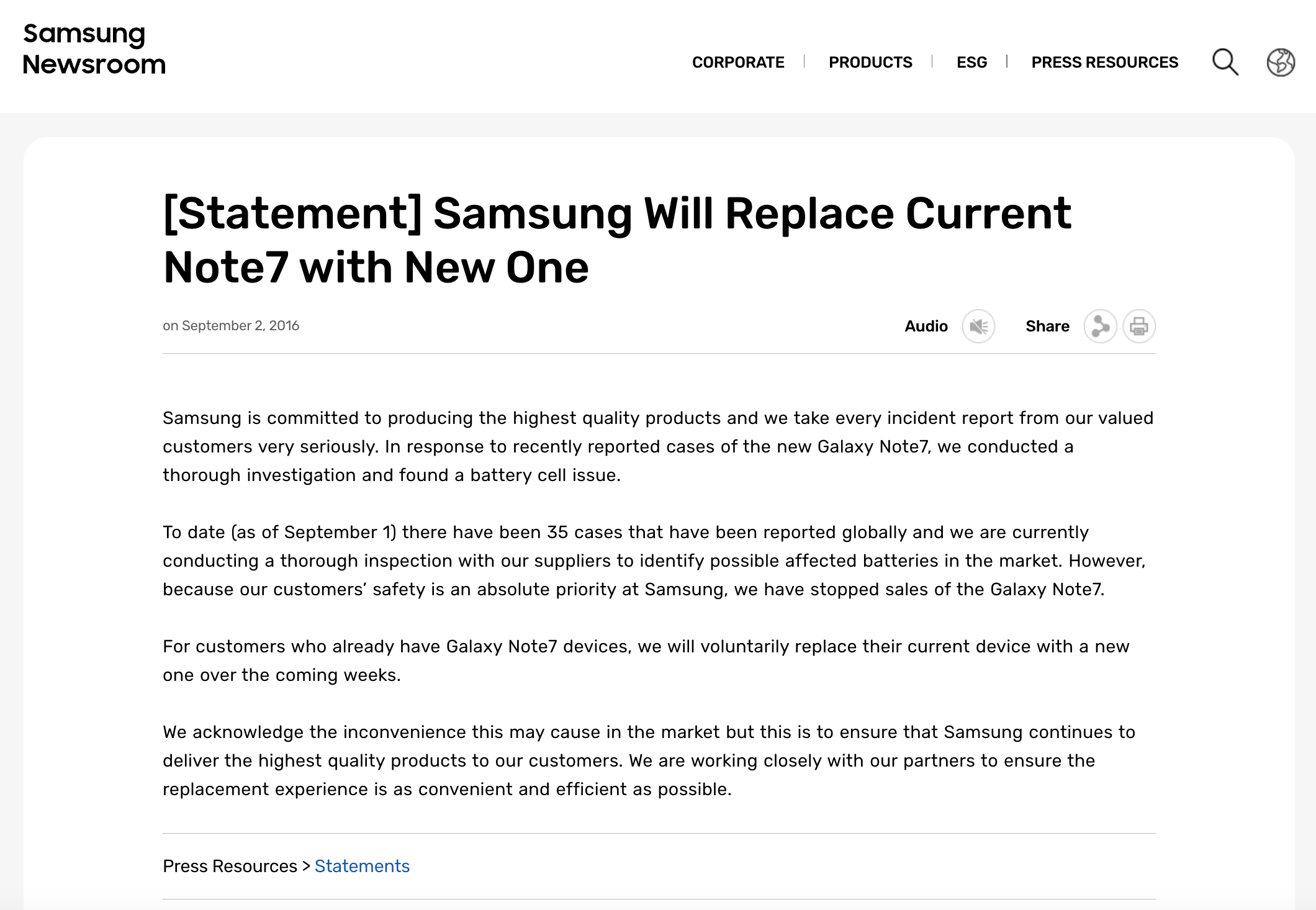 Samsung statement about exploding phones