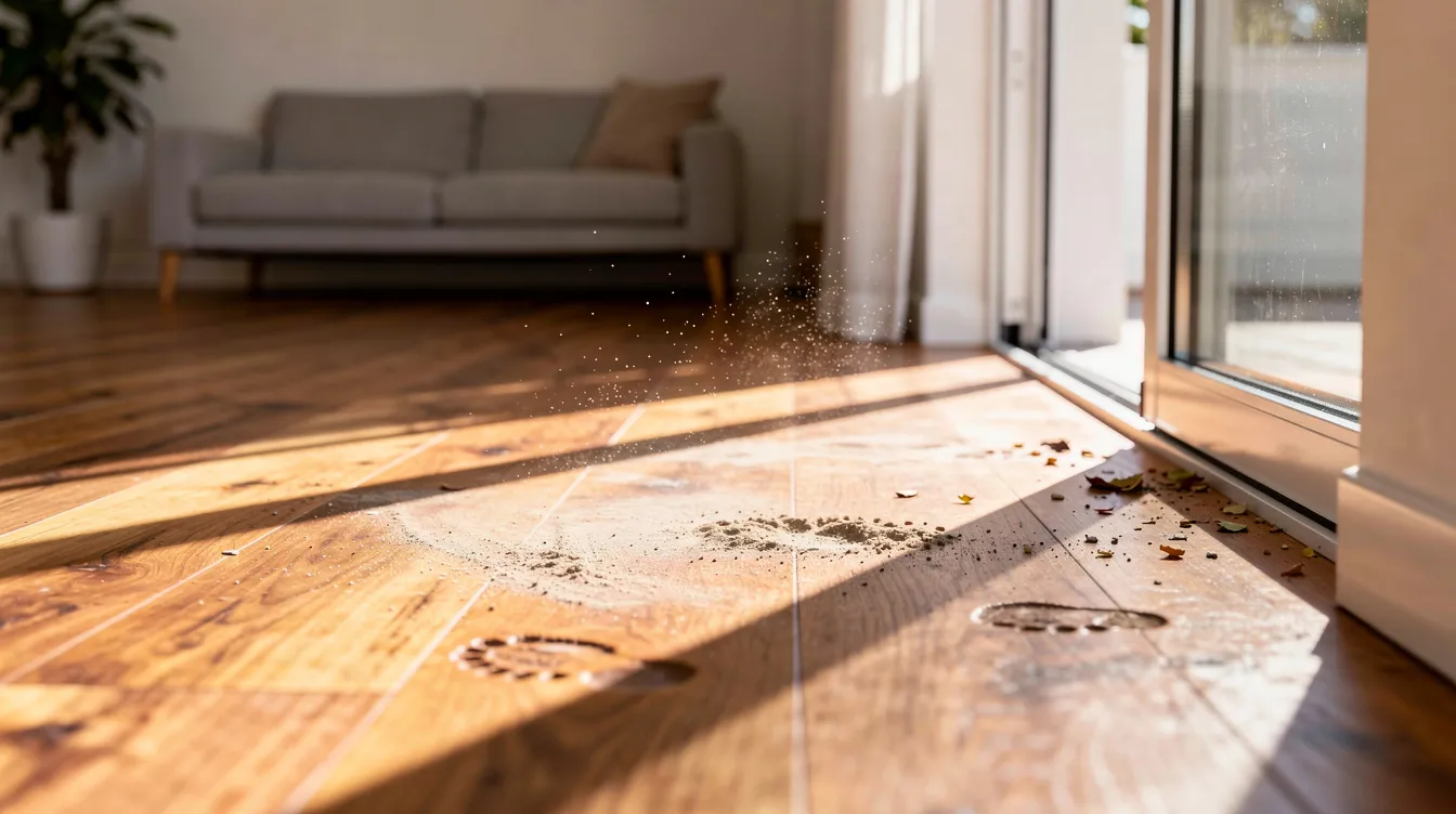 A bright living room features sunlight illuminating hardwood floors, highlighting visible dust and grit near a sliding glass door. This scene emphasizes the need for effective turnover cleaning to maintain quality and cleanliness in high traffic areas.
