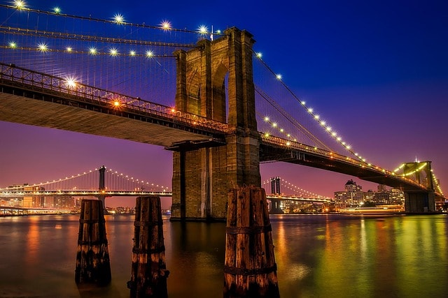 brooklyn bridge, river, illuminated, city lights, bridge, architecture, city, landmark, new york city, urban, hudson, reflection, lights, glow, famous, night, nature, water, waterfront, hudson river