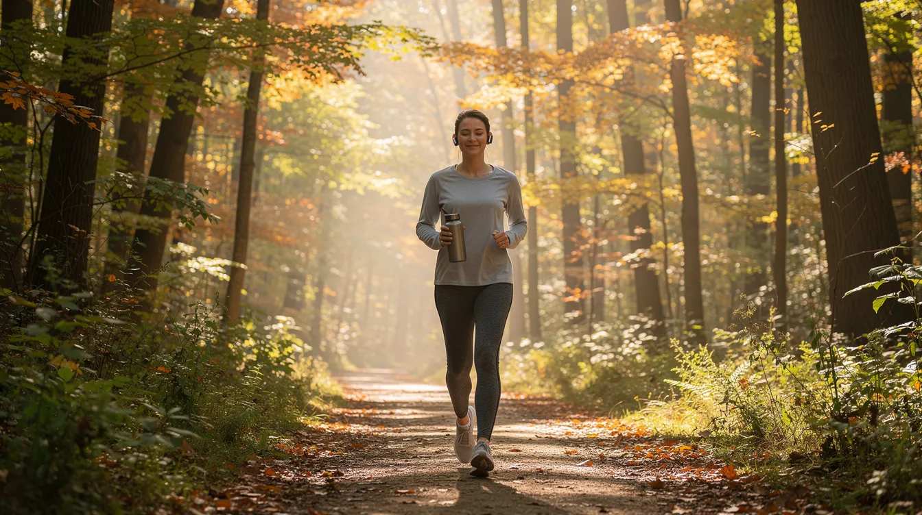 An adult is walking on a wooded trail in Pennsylvania as part of their wellness routine, focusing on their weight loss journey and health goals. The serene environment supports their commitment to long-term weight management and a healthy lifestyle.