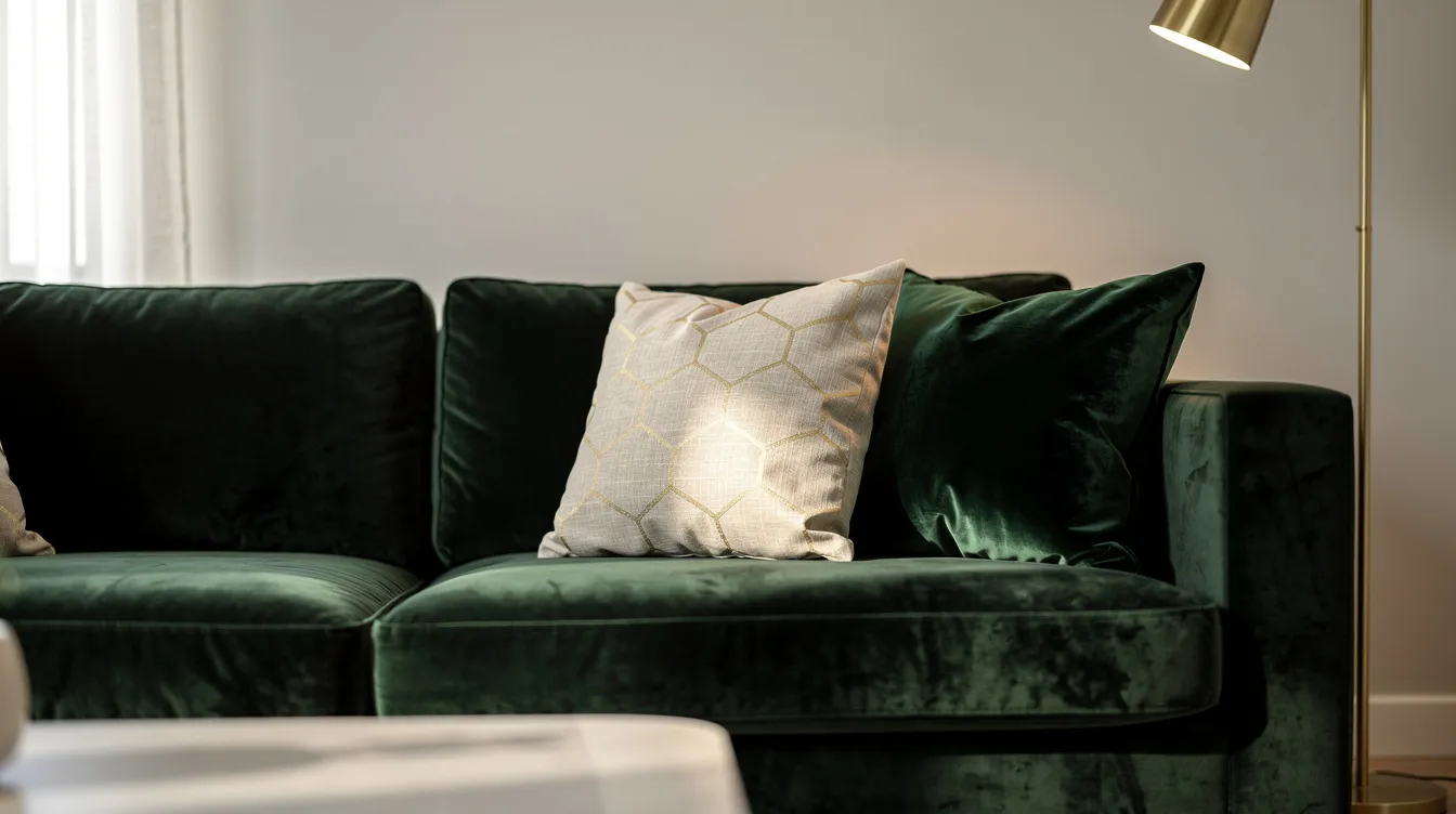 En närbild av en mörkgrön sammetsoffa med dekorativa kuddar, som skapar en elegant och inbjudande känsla i vardagsrummet. Soffan, som är av hög kvalitet och designad för komfort, passar perfekt i ett stilrent hem.