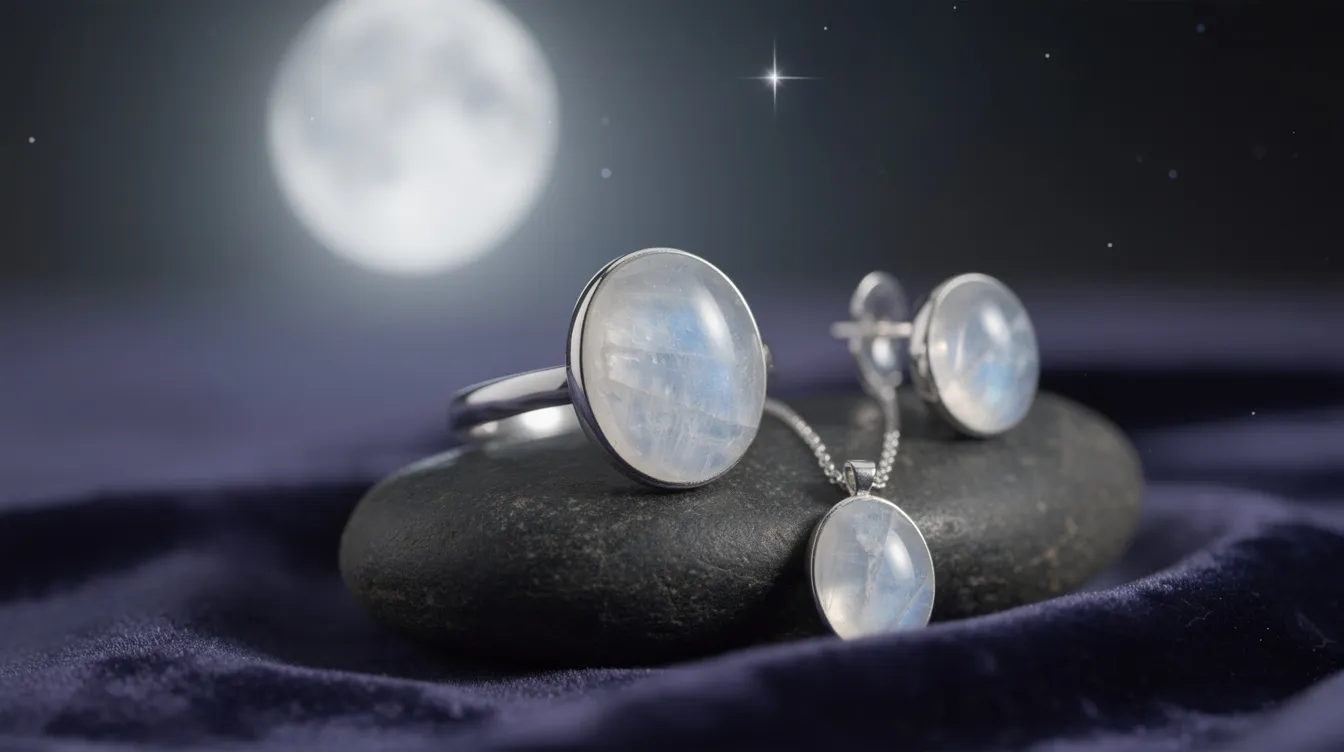 The image features a stunning moonstone necklace, showcasing the gemstone's iridescent glow and magical play of colors that evoke the essence of moonlight. This beautiful piece of jewelry is designed to promote calm and serenity, symbolizing love and the gentle rhythms of life.