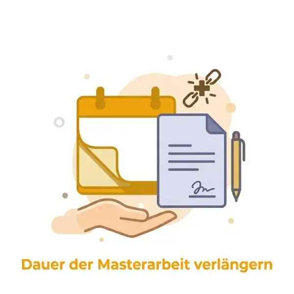 Infografik zum Thema „Dauer der Masterarbeit verlängern“ mit Symbolen für einen Antrag beim Prüfungsamt, Fristen und Nachweise.