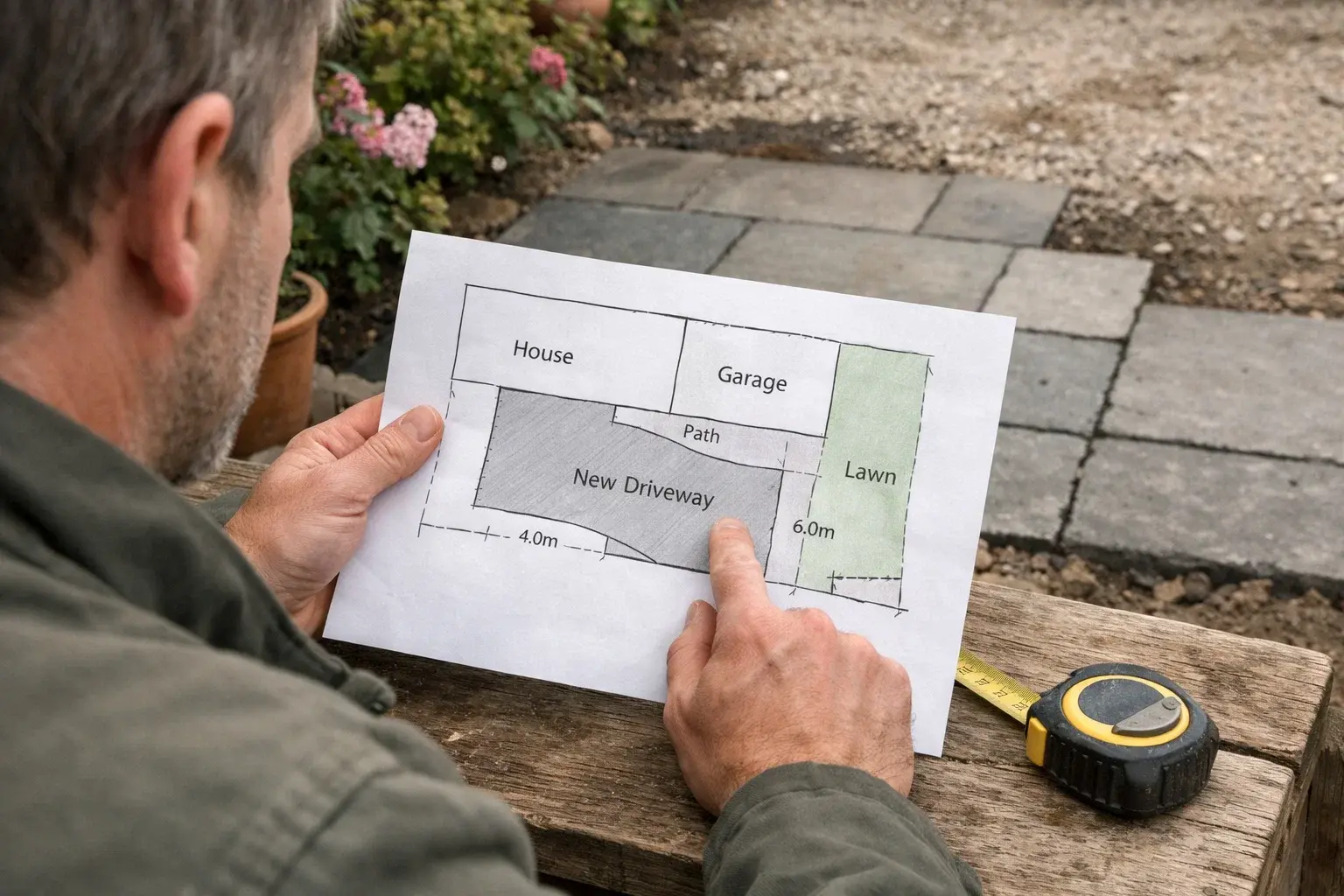 Homeowner checking driveway plans and measurements in a UK front garden