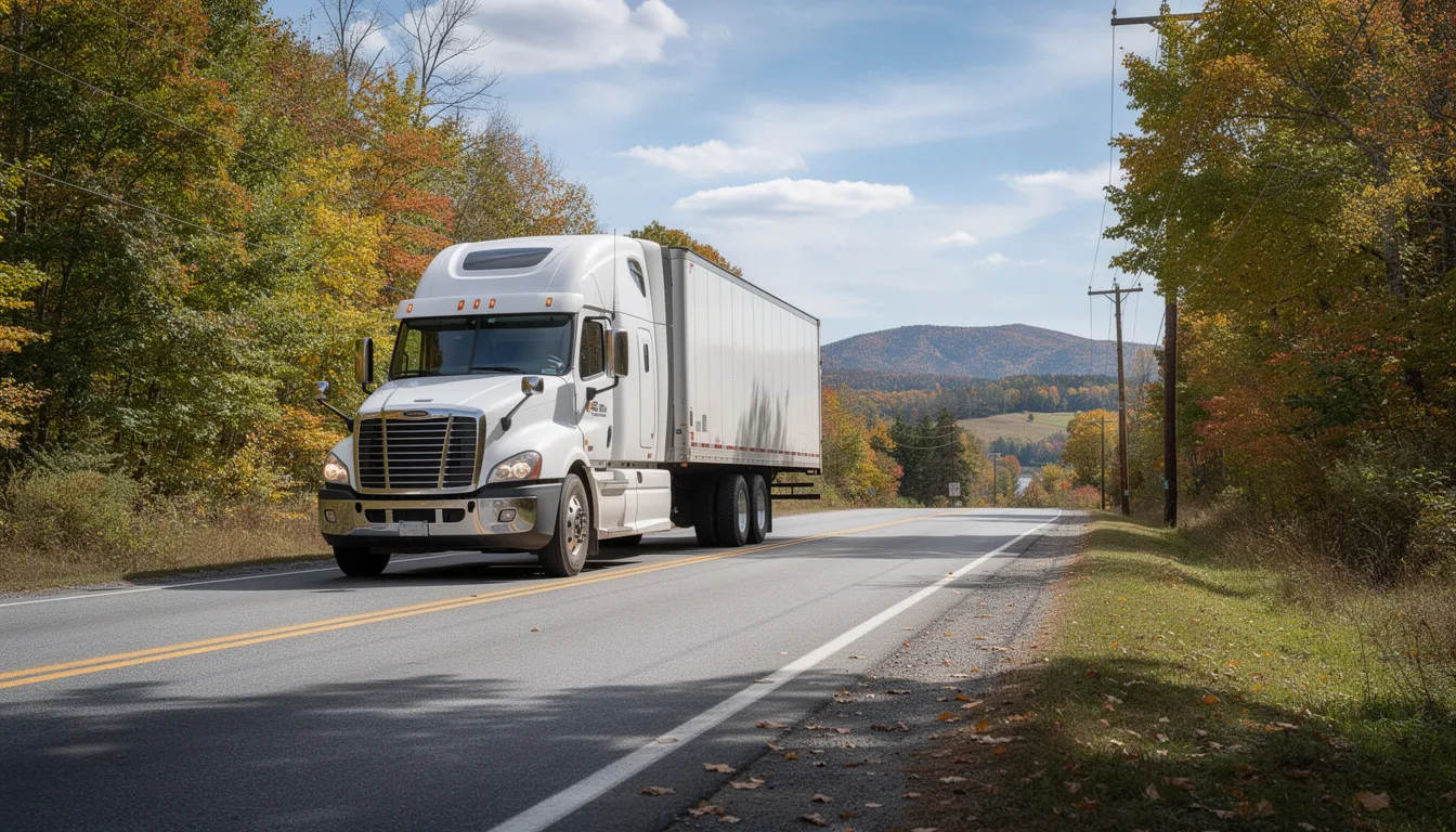 A commercial truck is driving along a rural highway in New England, surrounded by lush greenery and distant hills. This scene highlights the importance of road safety, as motor vehicle accidents can lead to serious brain injuries and traumatic brain injury cases that require immediate medical attention.