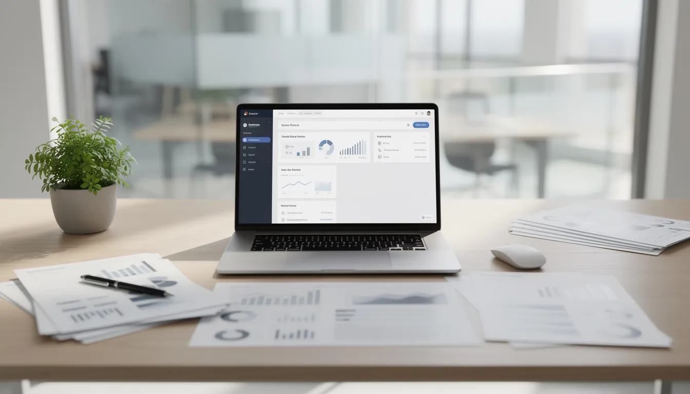 The image depicts a modern office workspace featuring a sleek laptop surrounded by neatly organized documents, symbolizing a corporate governance lawyer's environment where they advise clients on key corporate governance matters for public and private companies. The setup reflects a professional atmosphere conducive to managing fiduciary duties and compliance programs.