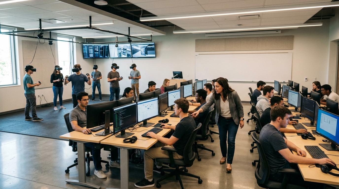 Modern classroom with an instructor monitoring and assisting students working in cloud-hosted virtual desktops while another group practices in immersive virtual IT labs.