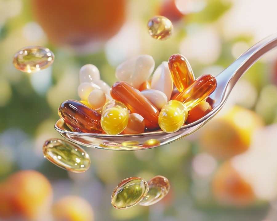 Spoon filled with colourful supplements and floating softgels – vibrant Supplements Nutrition by The Good Stuff