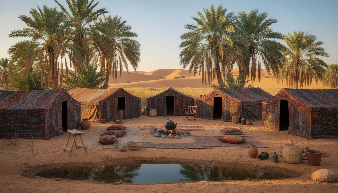 A traditional Berber camp is set up in a desert oasis, featuring colorful tents that contrast with the vast expanse of the Sahara Desert. Guests can relax in this unique accommodation while enjoying the beauty of the rolling dunes and the starry night sky.