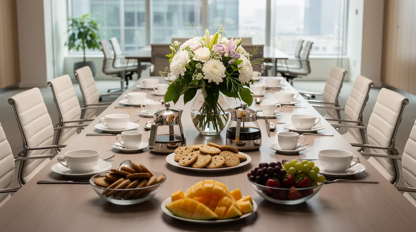 Una mesa de coffee break elegante está dispuesta en una sala de conferencias corporativa, decorada con tazas de café, galletas, frutas frescas y un arreglo floral, creando un ambiente acogedor para los invitados durante eventos de negocios. Este servicio de catering refleja atención a la calidad y la experiencia del cliente, ideal para reuniones y capacitaciones en la empresa.