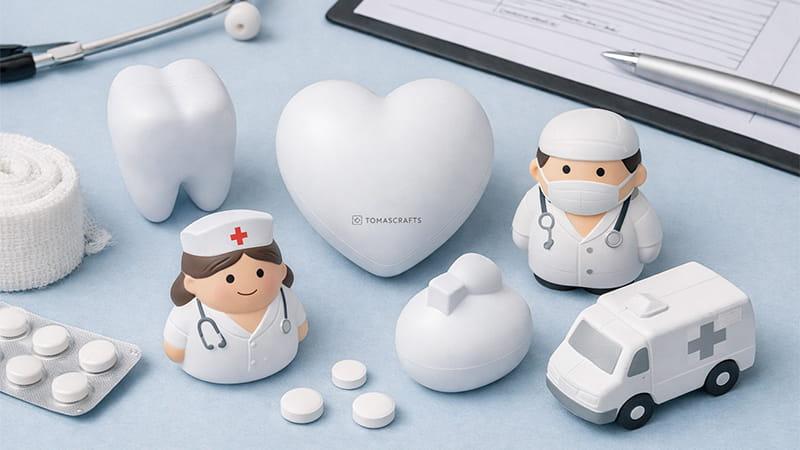 Healthcare-themed promotional stress balls with heart, tooth, and awareness shapes on an event table