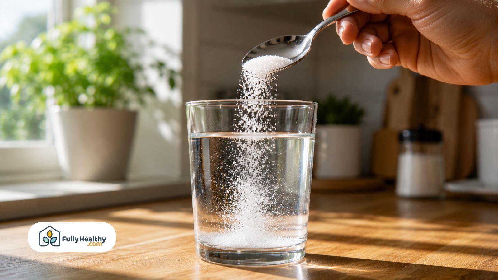 Refined table salt being poured into a glass of water in sunlight.