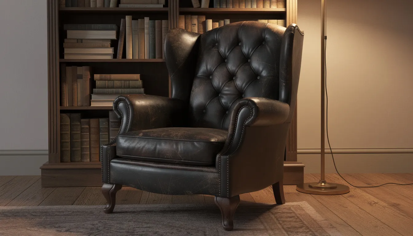 En klassisk öronlappsfåtölj i mörkt läder står vid en bokhylla, vilket ger en stilren och elegant känsla till rummet. Fåtöljen erbjuder både komfort och funktion, perfekt för avkoppling med en god bok.