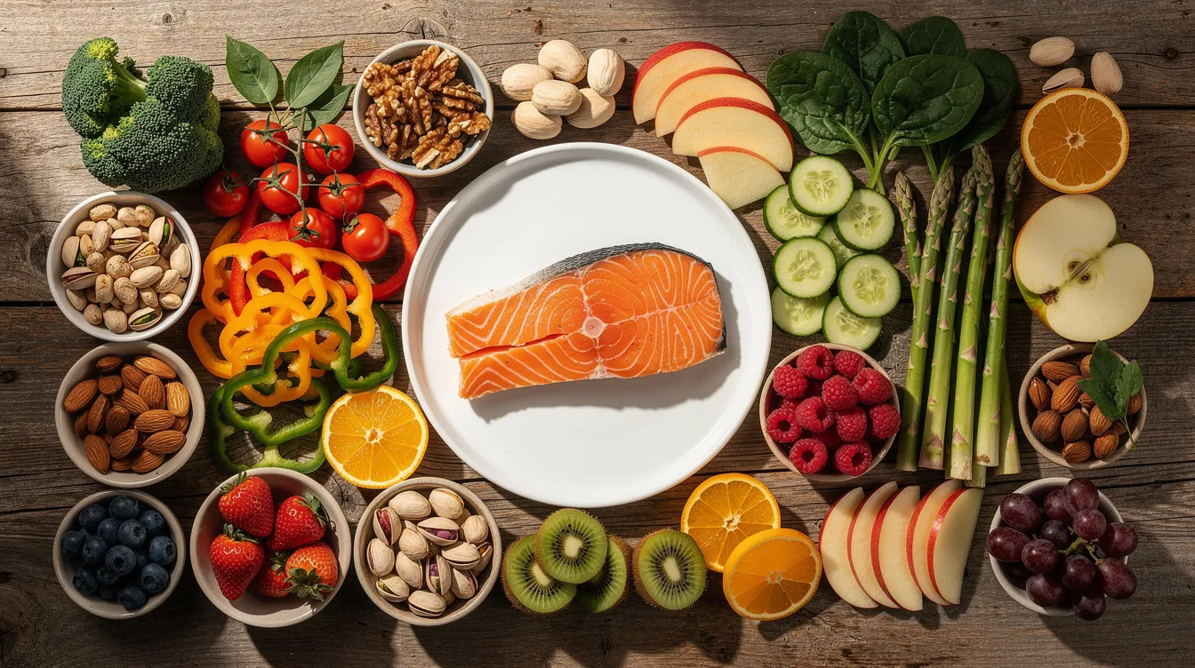 The image showcases a vibrant assortment of healthy foods, including fresh salmon, a variety of colorful vegetables, nuts, and fruits, all beautifully arranged on a rustic wooden table. This visually appealing spread emphasizes the importance of a nutritious diet for supporting cellular health and overall well-being.