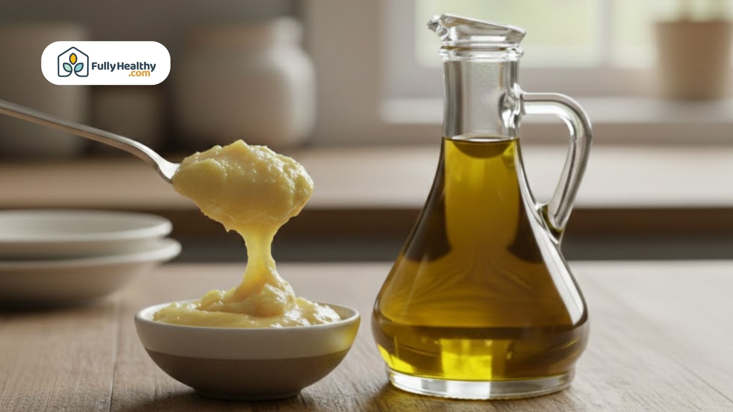 Spoonful of creamy ghee beside a glass bottle of olive oil on a kitchen table for cooking.