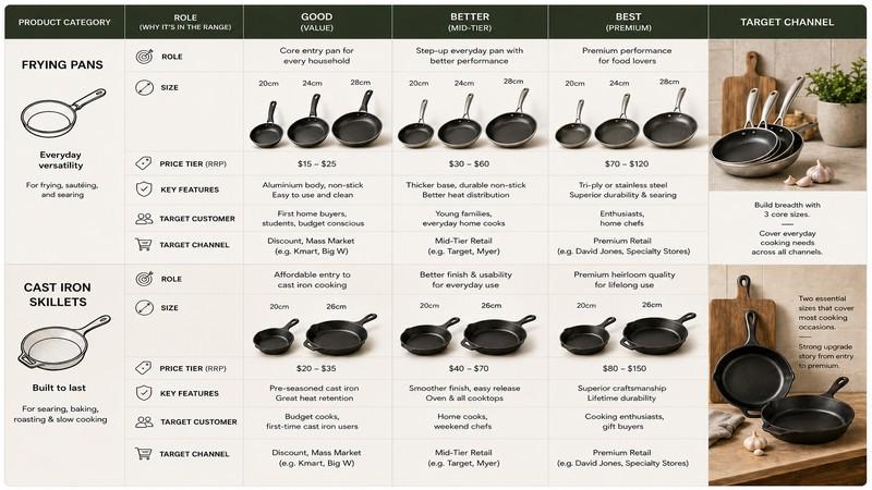 A good-better-best cookware matrix showing the role, size, price tier, and target channel for frying pans and cast iron skillets.