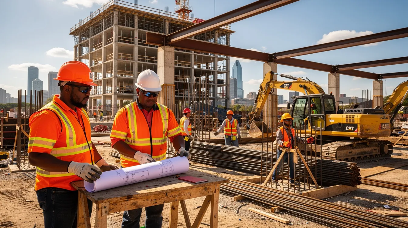 En la imagen se pueden ver varios trabajadores de construcción en un sitio de obras en Houston, equipados con cascos y herramientas, realizando tareas de edificación. Este entorno puede ser propenso a accidentes que podrían resultar en demandas por muerte injusta o lesiones debido a la negligencia en el trabajo.