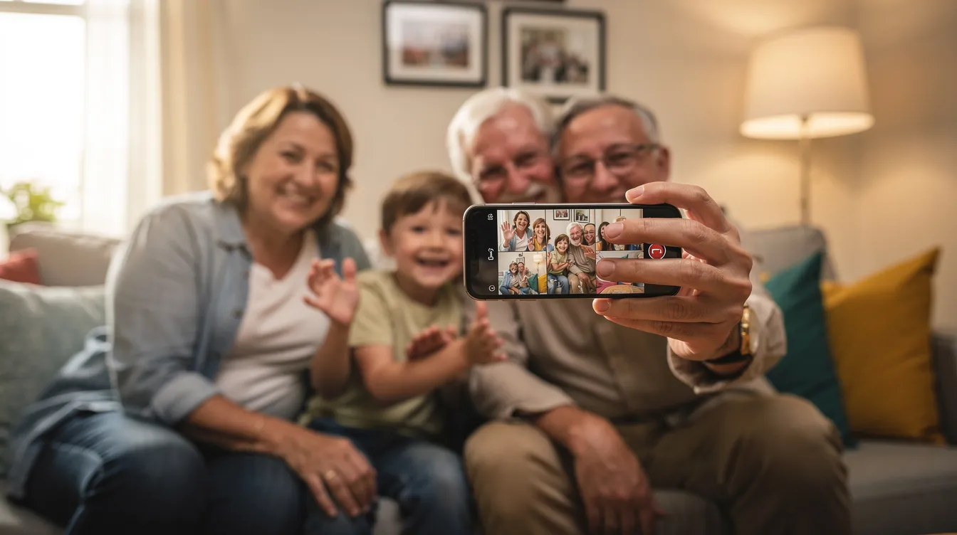 A family is gathered in their living room, smiling and engaged in a video call on a smartphone, showcasing the warmth of connection despite distance. This scene highlights the importance of staying in touch with loved ones, similar to how online money transfer services like Moneycorp and Wise facilitate international money transfers for families around the world.