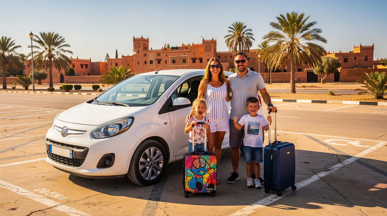 Una familia sonriente con maletas se encuentra junto a un coche compacto, un Toyota Corolla, en un aparcamiento soleado de Marruecos. La escena transmite la emoción de un viaje, con el vehículo listo para llevarlos a su destino.